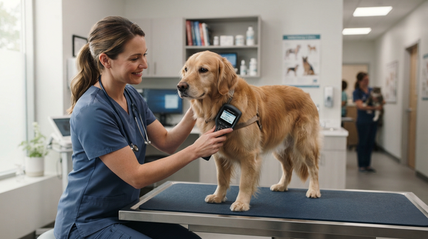 Lecture d'une puce électronique sur un chien chez le vétérinaire