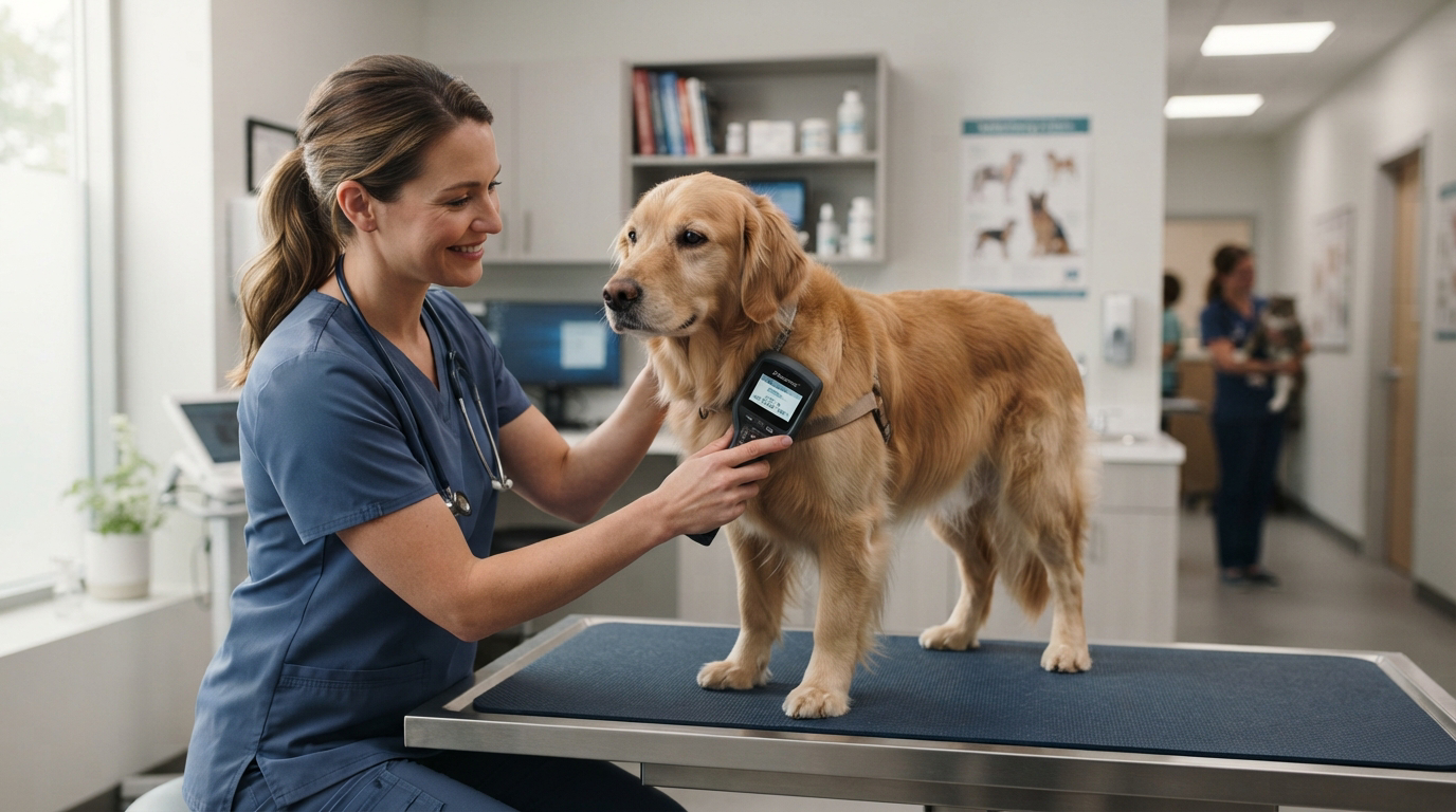 Lecture d'une puce électronique sur un chien chez le vétérinaire