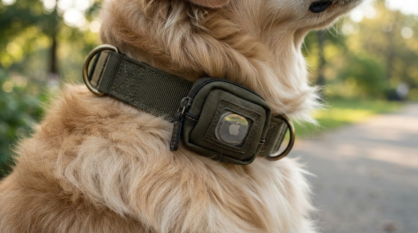 Gros plan d'un collier avec compartiment pour tracker sur grand chien