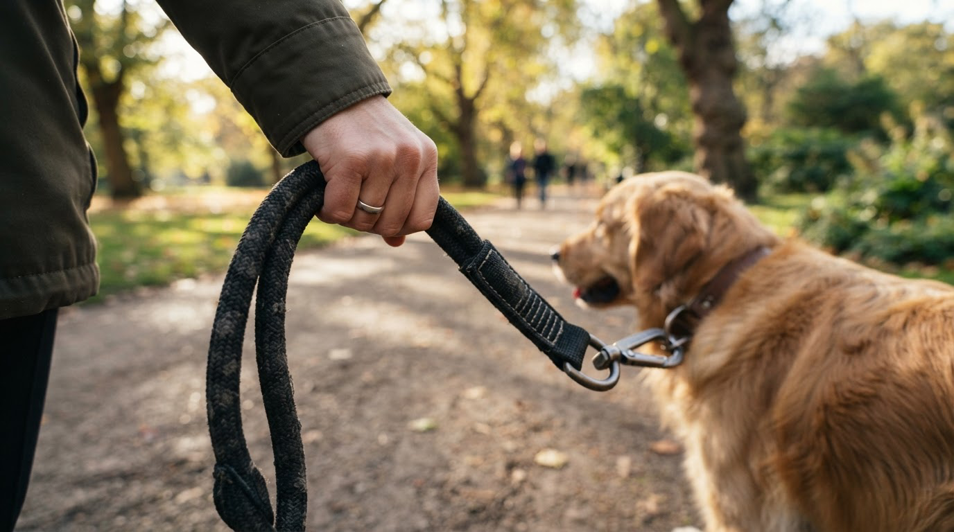 Gros plan d'une laisse robuste tenue, grand chien en promenade
