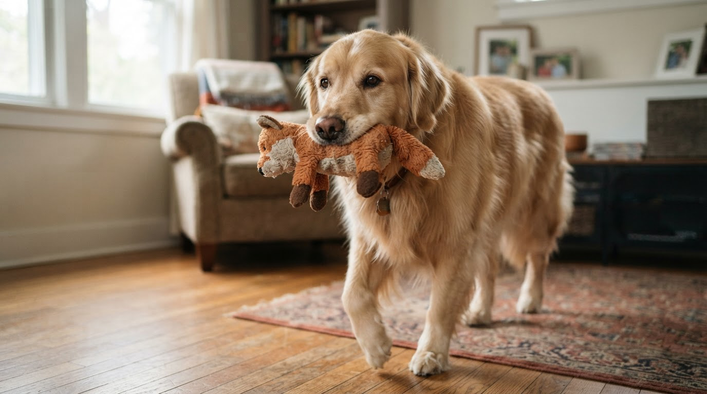 Grand chien tenant tendrement une peluche dans sa gueule