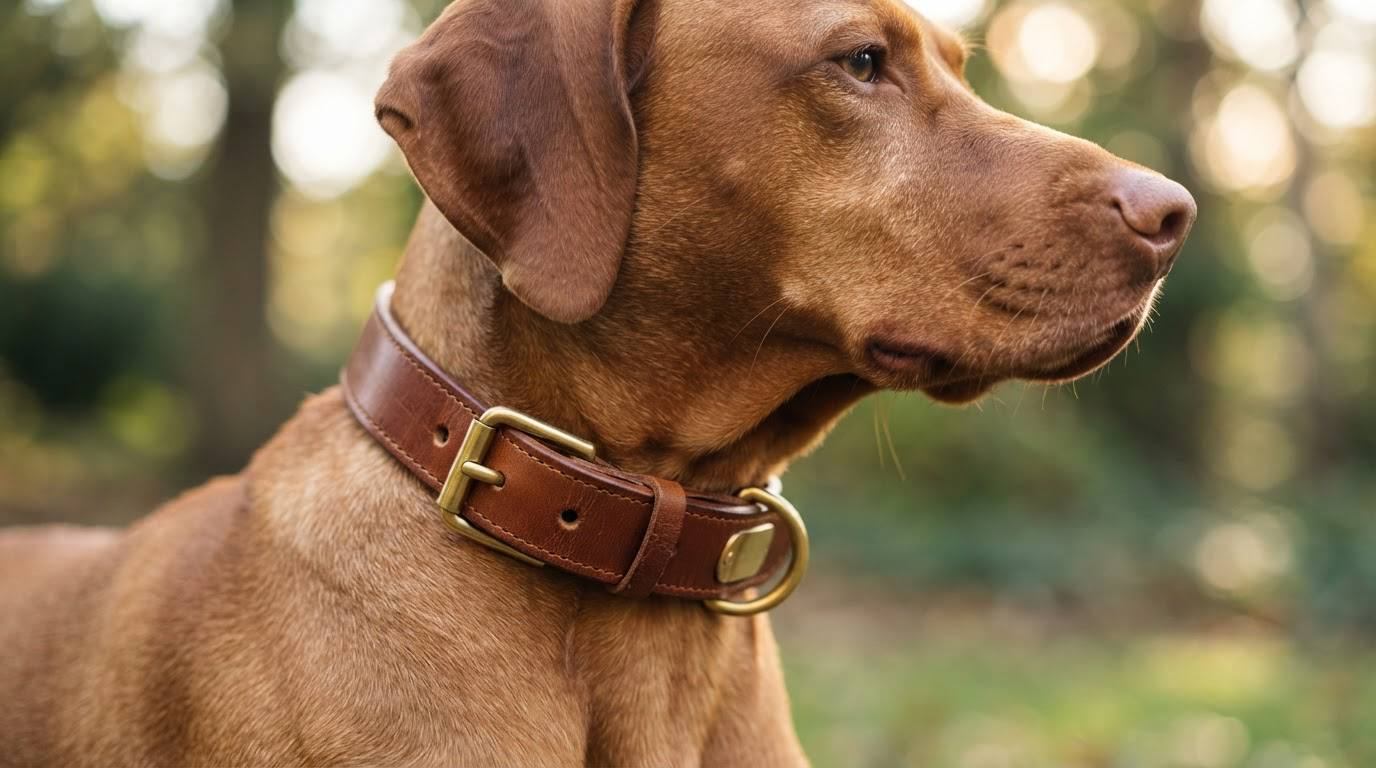 Gros plan d'un collier de qualité sur un grand chien