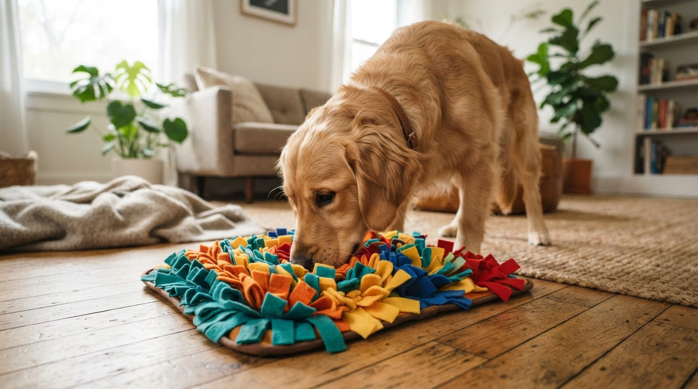 Chien reniflant un tapis de fouille pour trouver des friandises