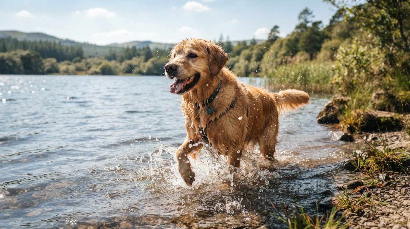 Chien haletant se rafraîchissant en été près d'un point d'eau