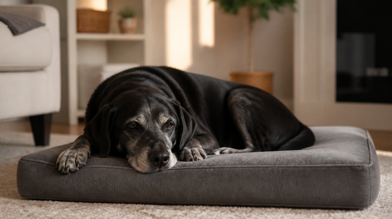 Labrador senior au museau grisonnant profondément endormi sur un épais matelas orthopédique gris