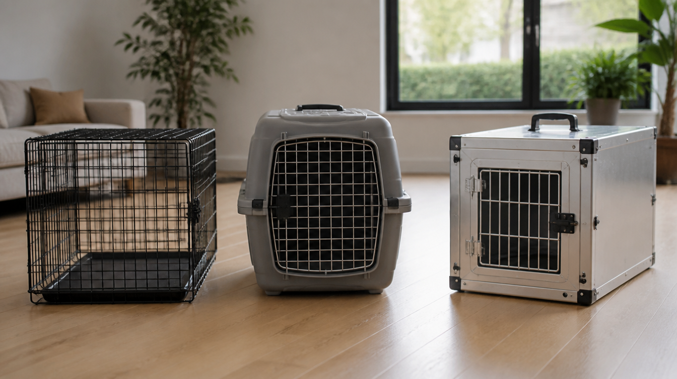Cage grillagée, caisse plastique et box aluminium alignés dans un salon
