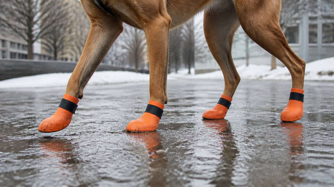 Malinois équipé de chaussures orange marchant sur un trottoir mouillé en hiver