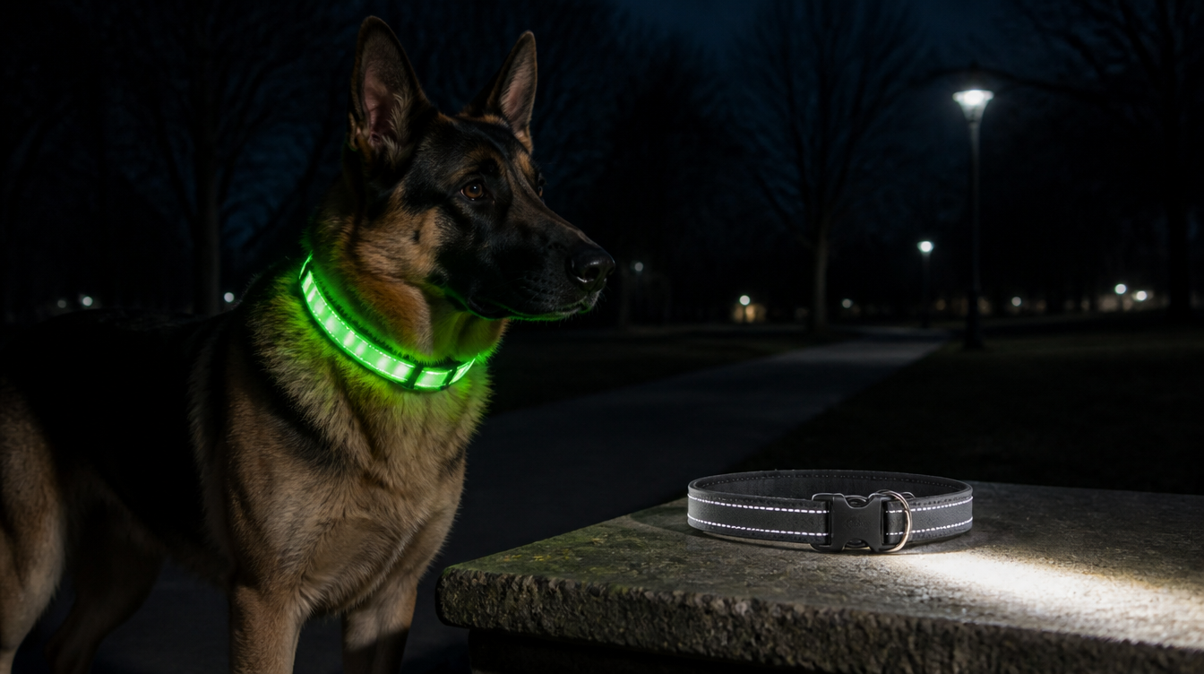 Collier lumineux LED vert allumé sur un Berger Allemand à côté d'un collier à bande réfléchissante