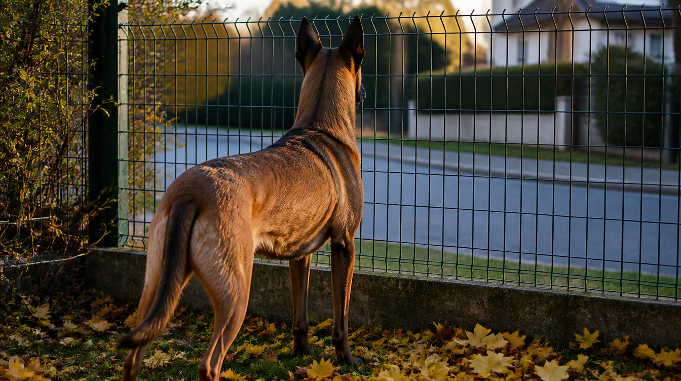 Malinois attentif derrière un grillage de jardin, regard fixé sur la rue