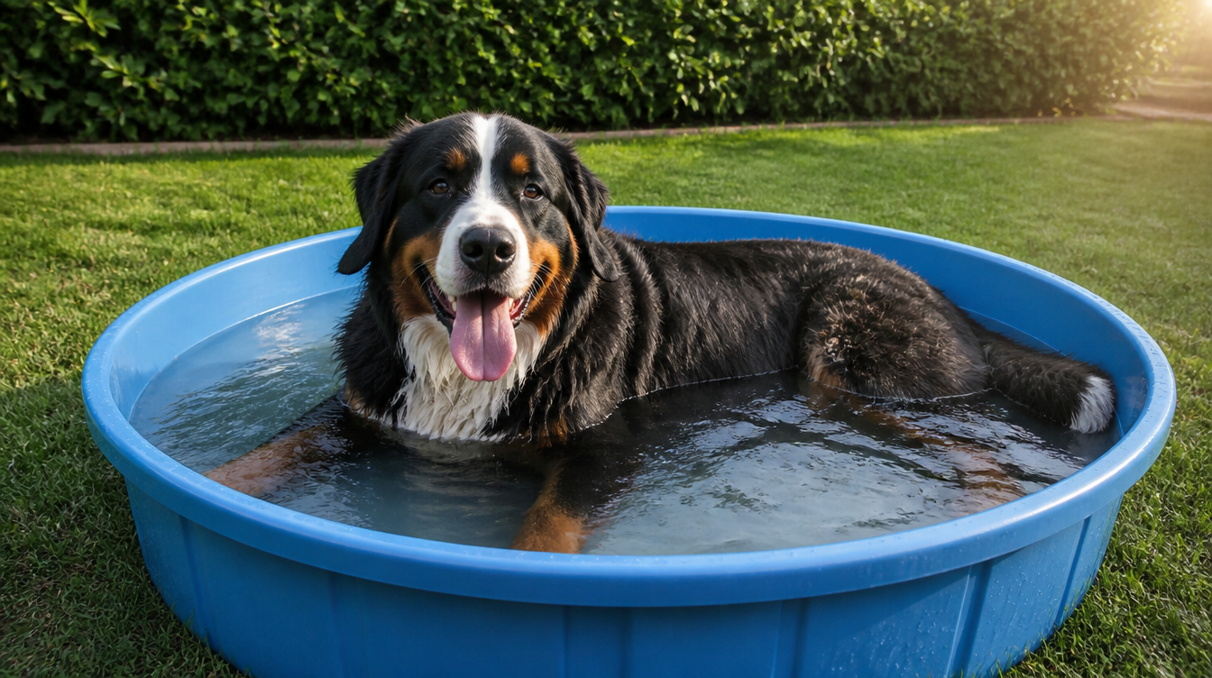 Gros chien allongé dans une piscine rigide peu profonde au jardin en été