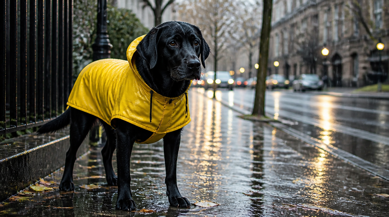 Labrador noir en manteau imperméable jaune sous la pluie sur un trottoir mouillé