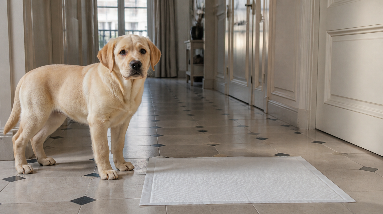 Chiot labrador de quatre mois debout à côté d'un tapis éducateur blanc dans un couloir d'appartement