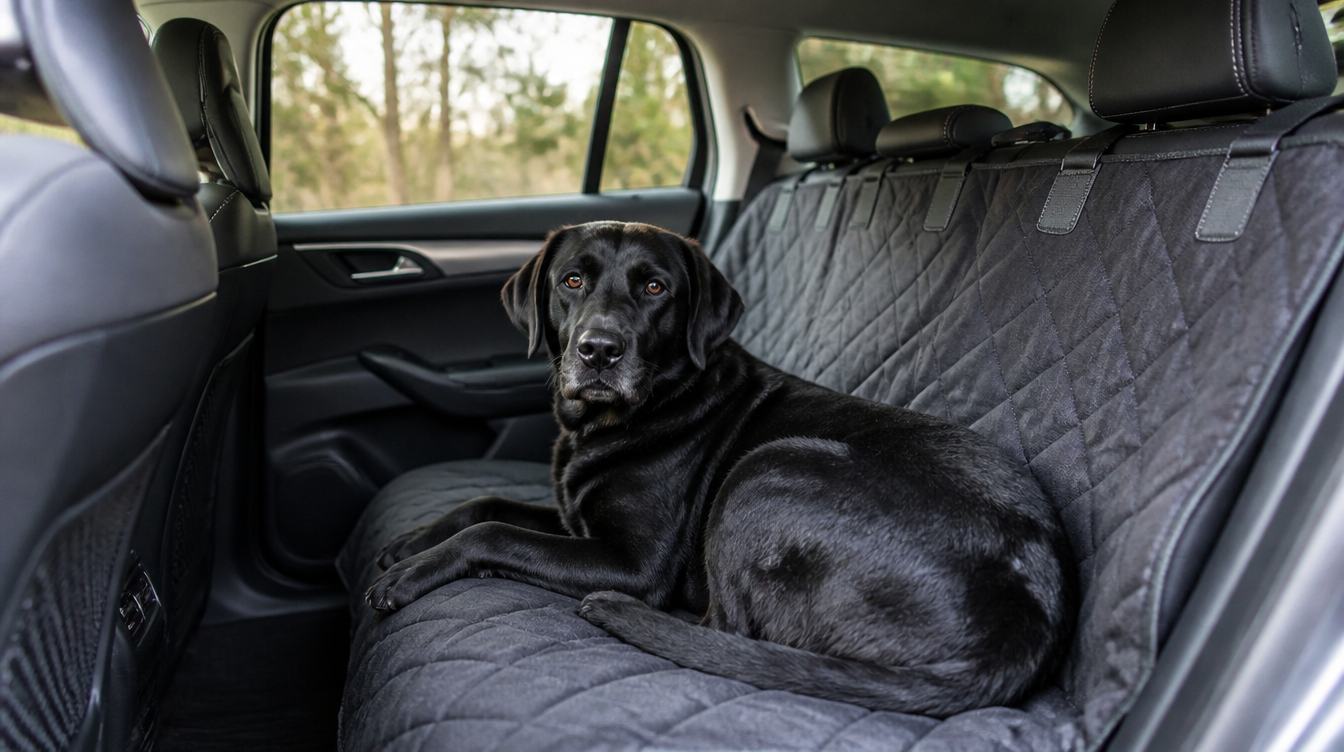 Grand labrador noir couché sur une housse de protection matelassée installée sur la banquette arrière d'un break