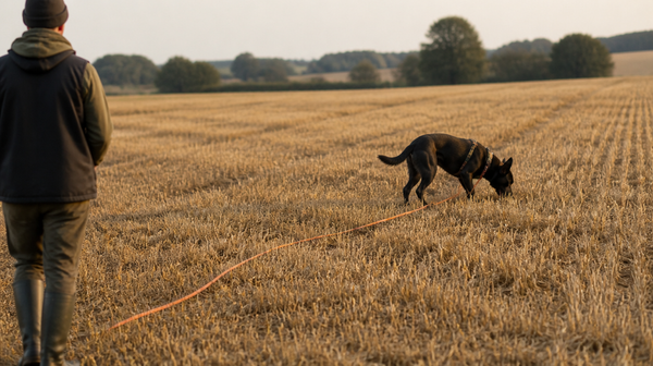 Malinois au bout d'une longe orange dans un champ moissonné, ligne détendue au sol