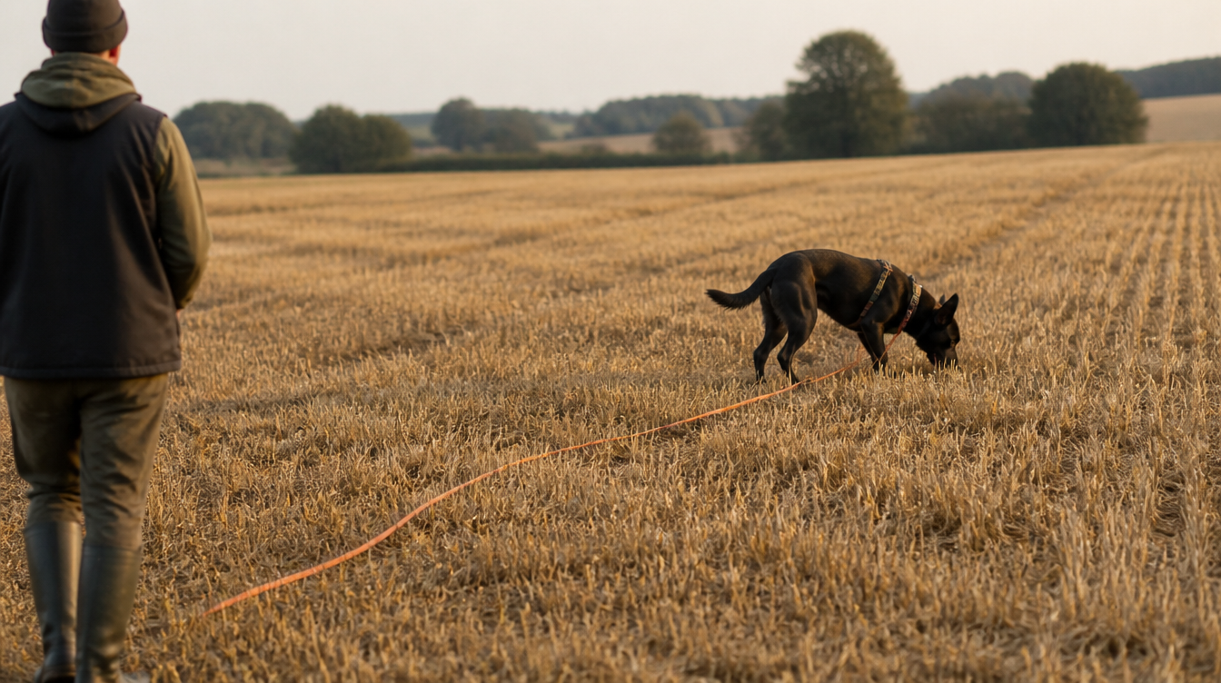Malinois au bout d'une longe orange dans un champ moissonné, ligne détendue au sol