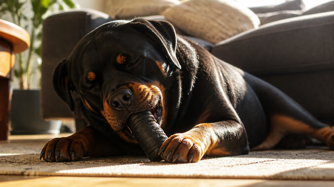 Rottweiler adulte détendu mâchant un jouet en caoutchouc ferme sur un tapis de salon
