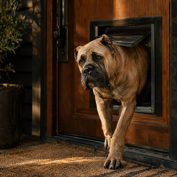 Cane Corso passant par une porte pour chien grande taille dans une porte en bois – Gros Chien