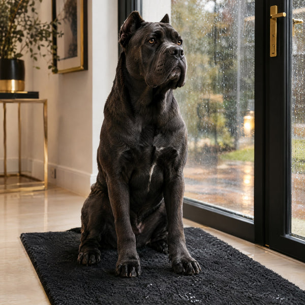 Cane Corso assis sur un tapis absorbant dans une entrée propre – Gros Chien