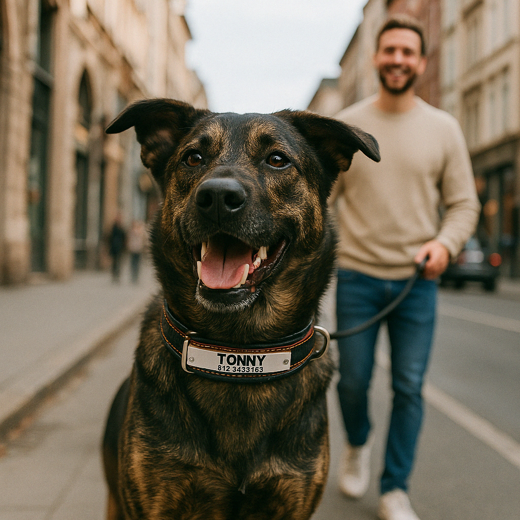 https://cdn.shopify.com/s/files/1/0763/9767/4819/files/Collier_pour_chien_avec_medaille_personnalise_marron_avec_son_maitre_dans_la_rue.png?v=1744735772