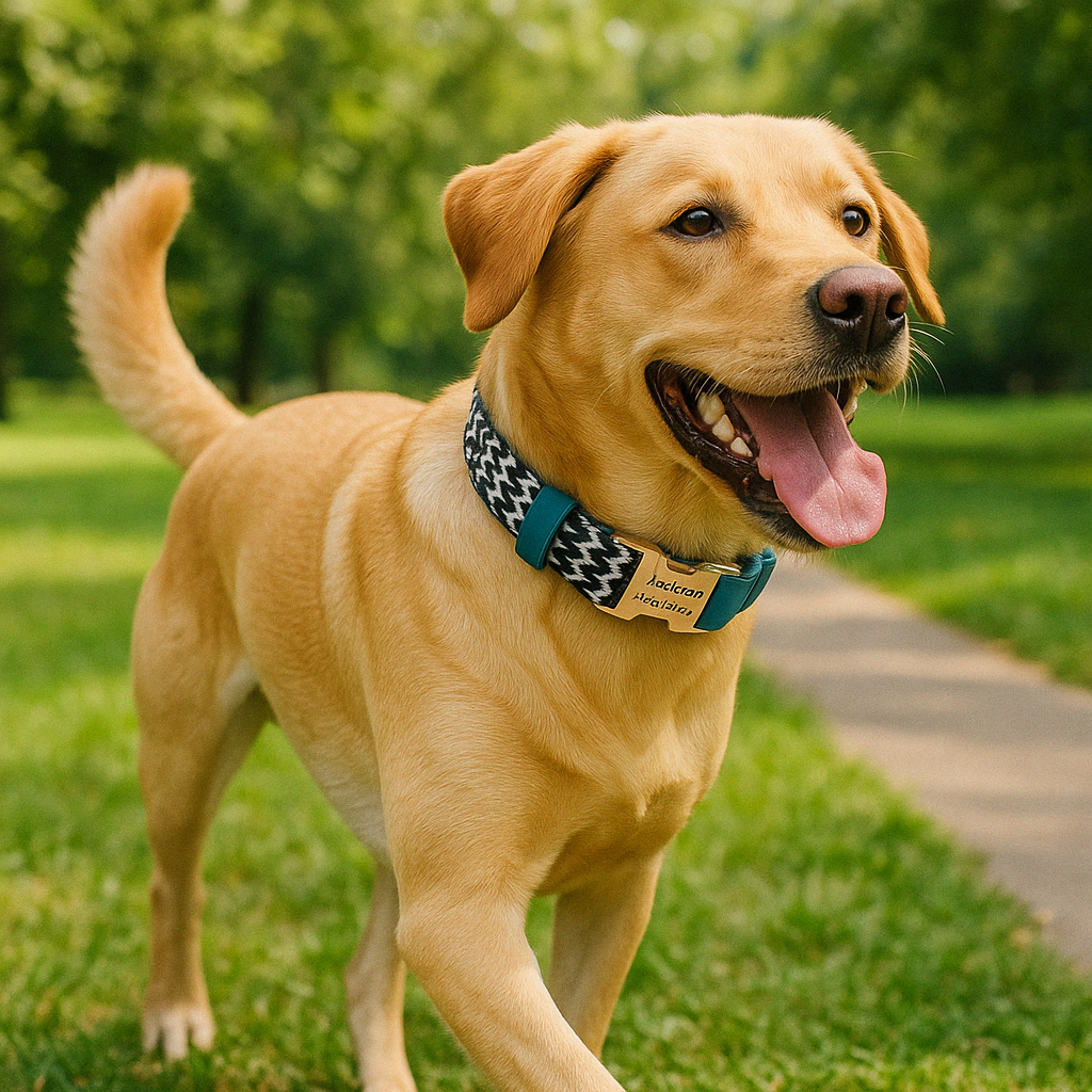 https://cdn.shopify.com/s/files/1/0763/9767/4819/files/Collier_vaguelette_personnalisable_pour_chien_marchant_dans_un_parc.png?v=1745331701