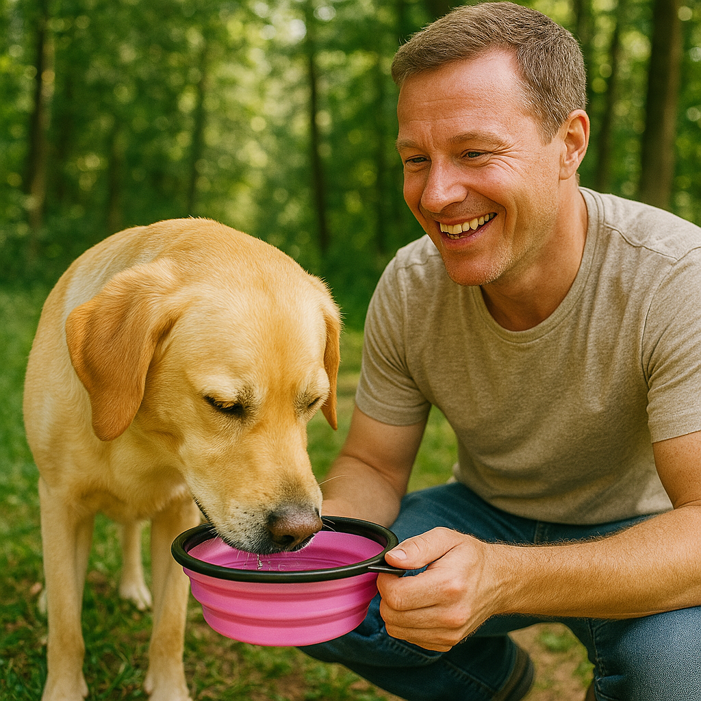https://cdn.shopify.com/s/files/1/0763/9767/4819/files/Gamelle_chien_pliable_rose_foncee_labrador_buvant_avec_son_chien_en_foret.png?v=1744293776