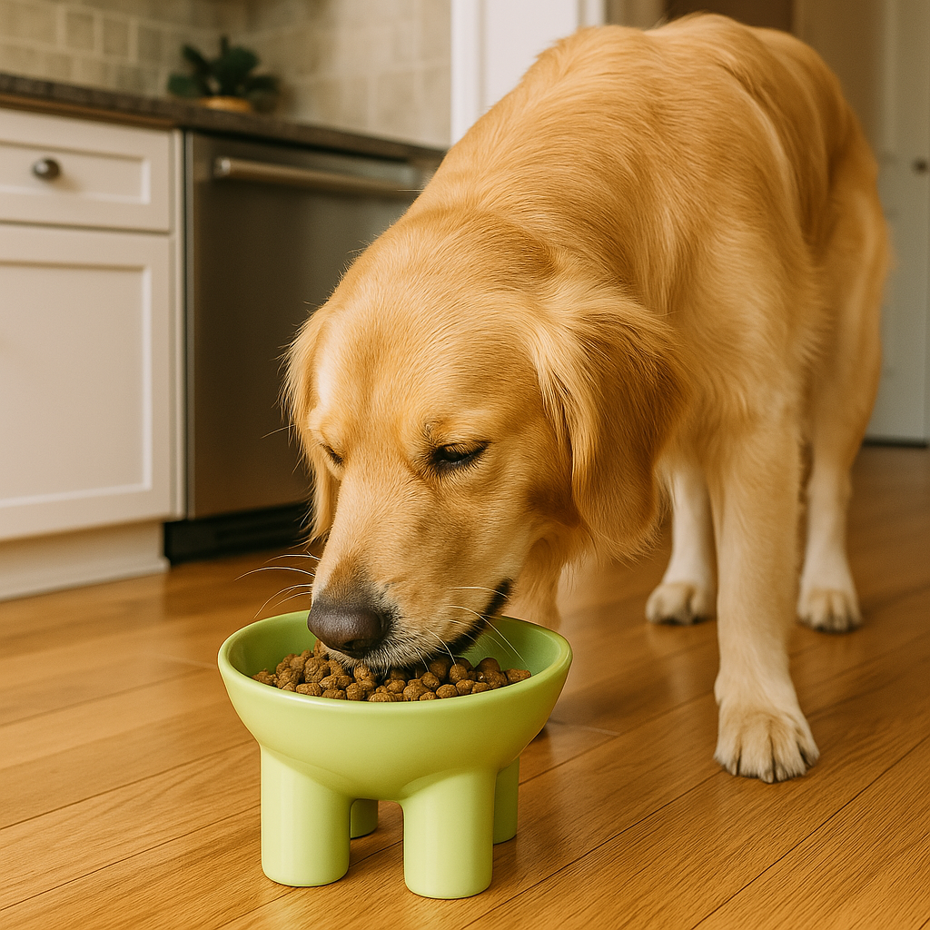 https://cdn.shopify.com/s/files/1/0763/9767/4819/files/Gamelle_chien_sur_lev_e_vert_pale_golden_dans_une_cuisine_entrain_de_manger_ses_croquettes.png?v=1744211807