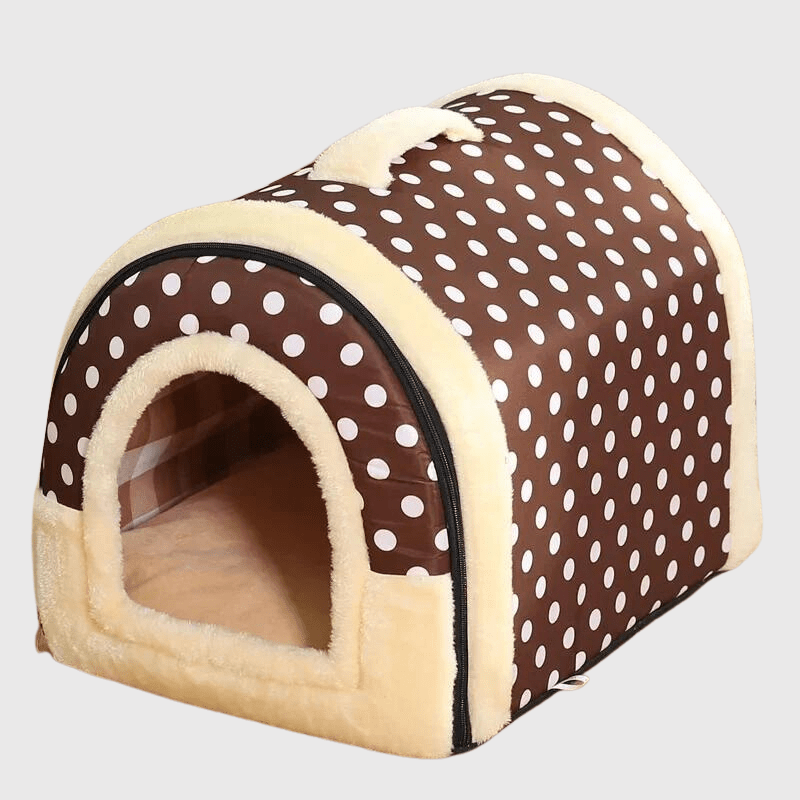 https://cdn.shopify.com/s/files/1/0763/9767/4819/files/Niche_d_interieur_pour_chien_marron_pois_blanc_petit_chien_qui_dort.png?v=1744297184