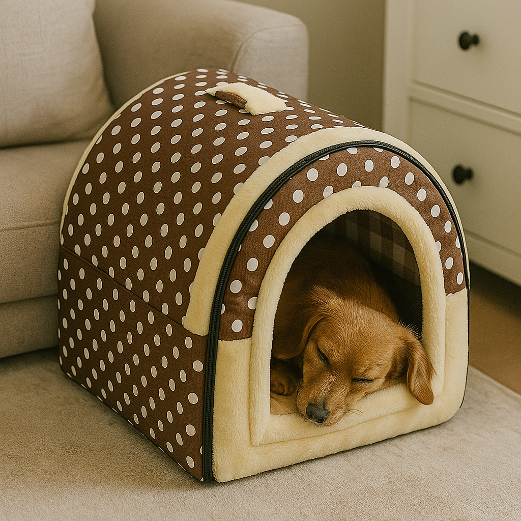 https://cdn.shopify.com/s/files/1/0763/9767/4819/files/Niche_d_interieur_pour_chien_marron_pois_blanc_petit_chien_qui_dort.png?v=1744297184