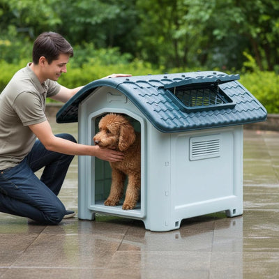 Niche Chien en Plastique Extérieur Toit Bleu Ventilée