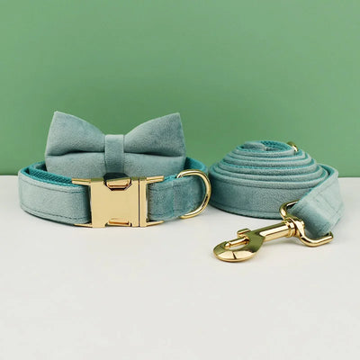Collier et Laisse Velours Vert Plaque Gravée Chien