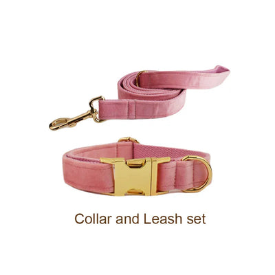 Collier et Laisse Velours Rose Harnais Assorti Chien