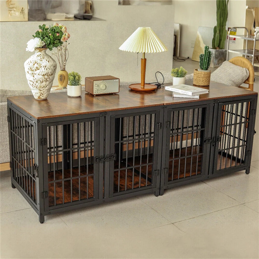 Meuble Cage pour Chien 4 Portes avec Séparateur Amovible