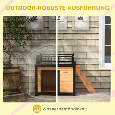 Niche Chien Bois PawHut Toit-Terrasse et Marches 121x77x78 cm