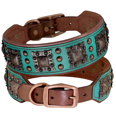 Collier Cuir Large Conchos Bronze Pitbull Bouledogue