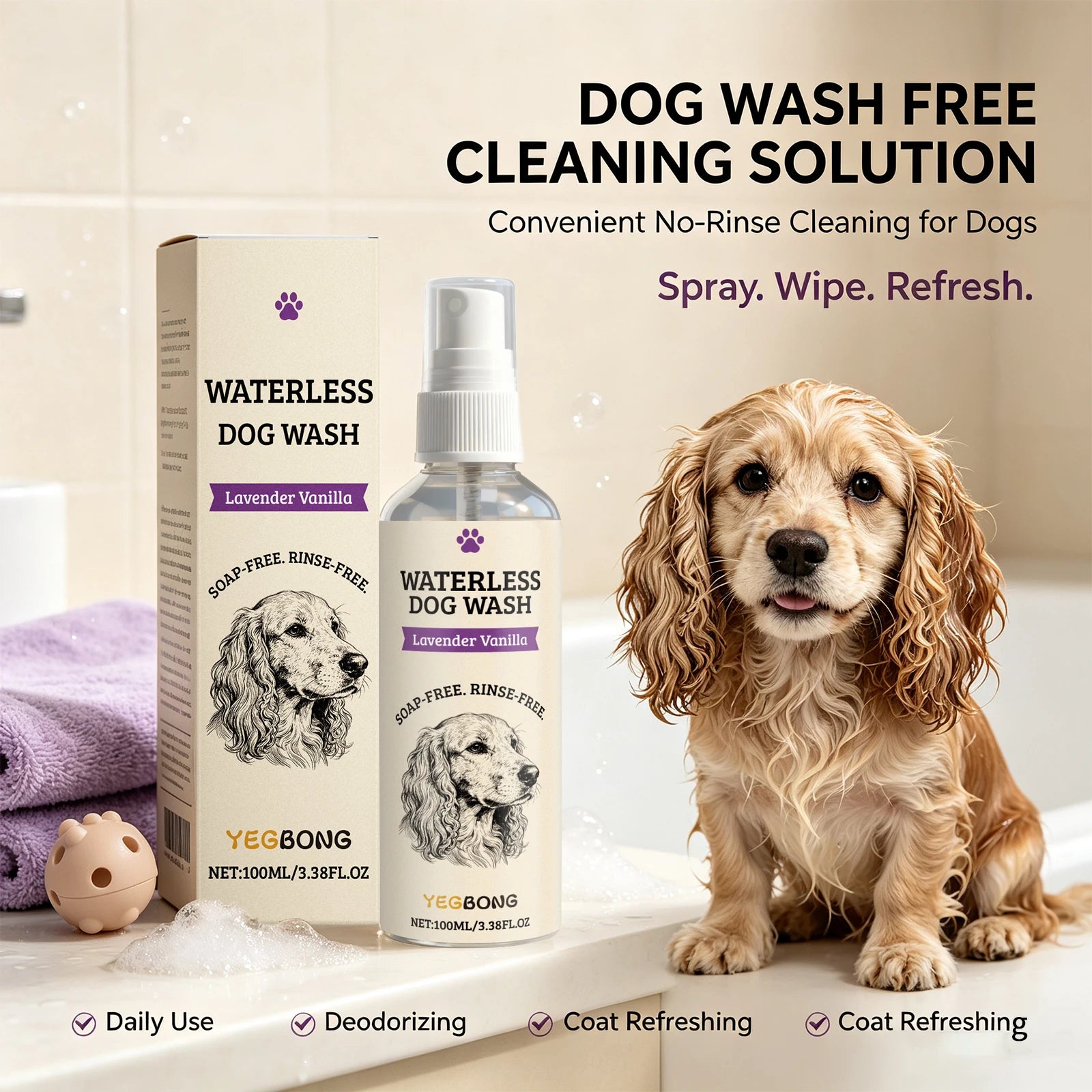 Shampoing Sec Spray pour Chien Lavande Vanille 100 ml