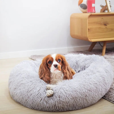 Panier Rond Fausse Fourrure Gris Lavable Grand Chien