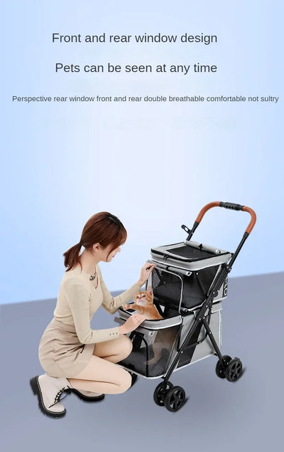 Poussette Double Étage Pliable pour Deux Chiens