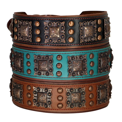 Collier Cuir Large Conchos Bronze Pitbull Bouledogue