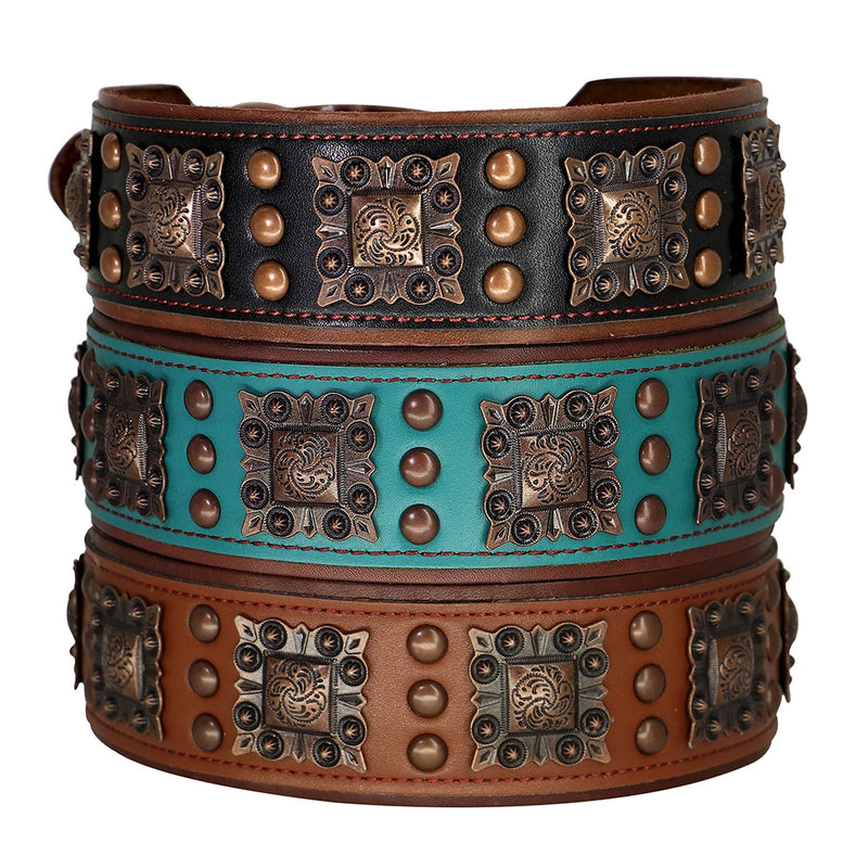 Collier Cuir Large Conchos Bronze Pitbull Bouledogue