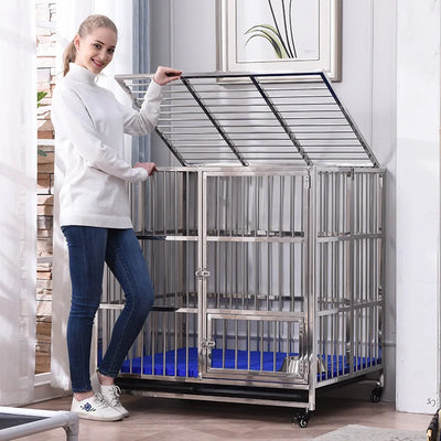 Cage pour Chien Inox Pliable à Roulettes et Bac Amovible