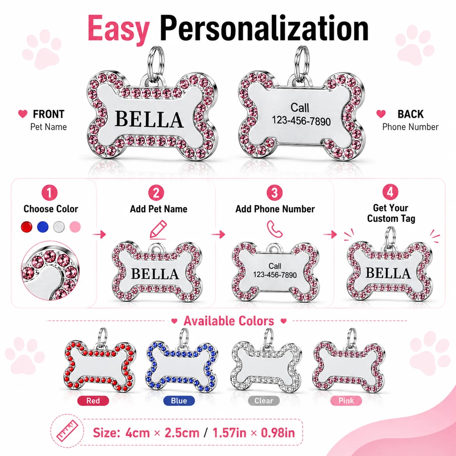 Médaille Os Gravée Strass pour Chien
