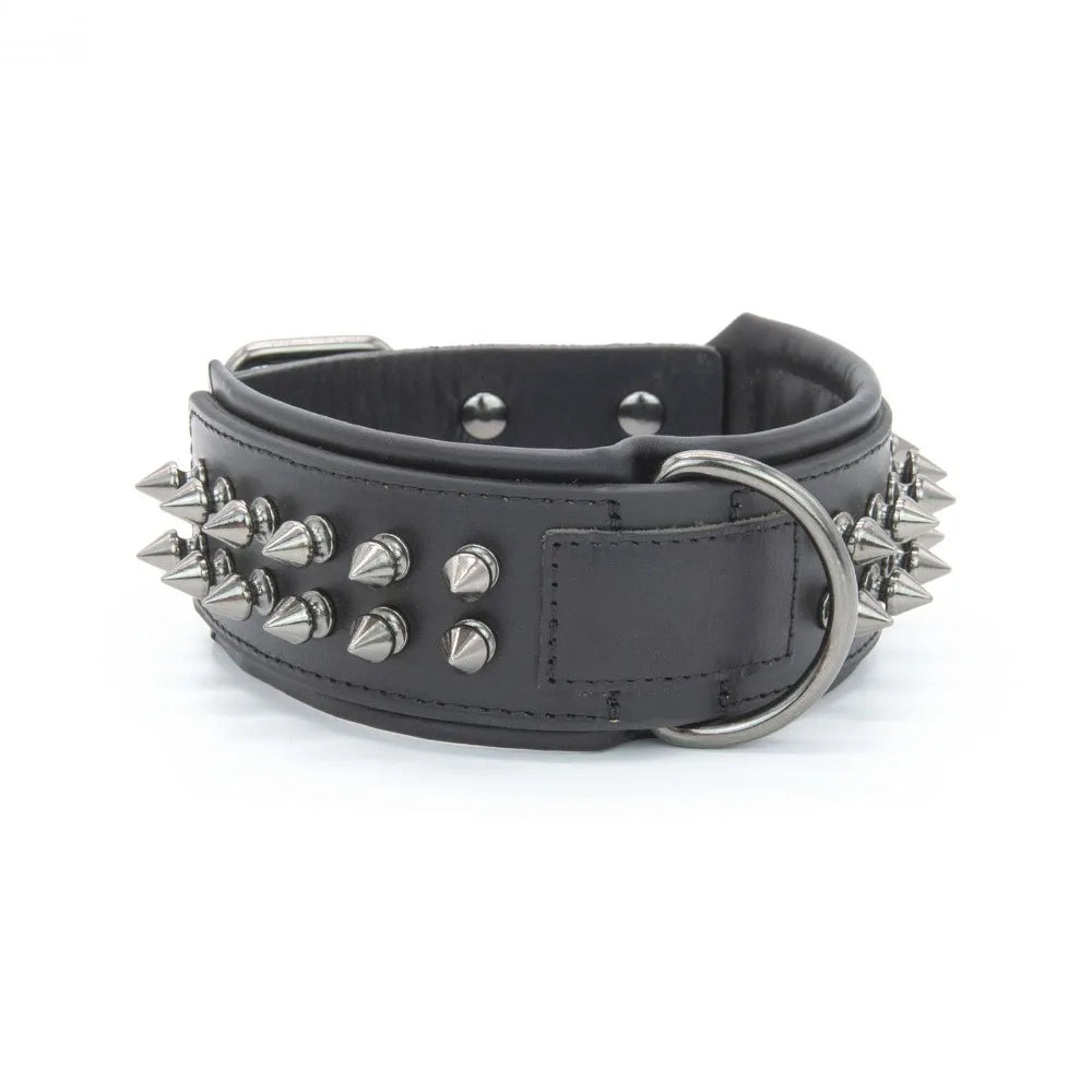 Collier Cuir Véritable Clouté Pointes Anti-Morsure Gros Chien