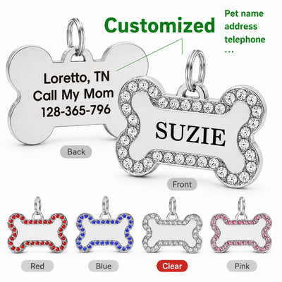 Médaille Os Gravée Strass pour Chien