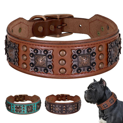 Collier Cuir Large Conchos Bronze Pitbull Bouledogue