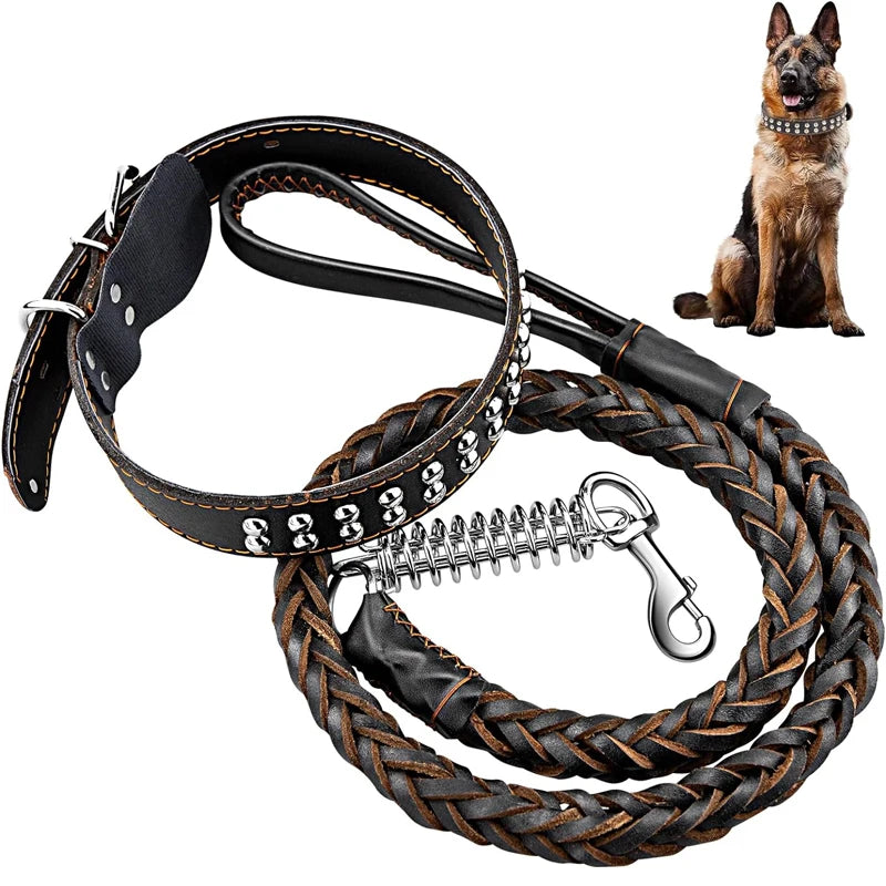 Collier Laisse Cuir Tressé Gros Chien