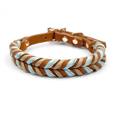 Collier Cuir Véritable Tressé Bleu Ciel Chien Moyen Grand