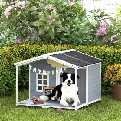 Niche Chien Bois Surélevée avec Terrasse Couverte 103x107 cm