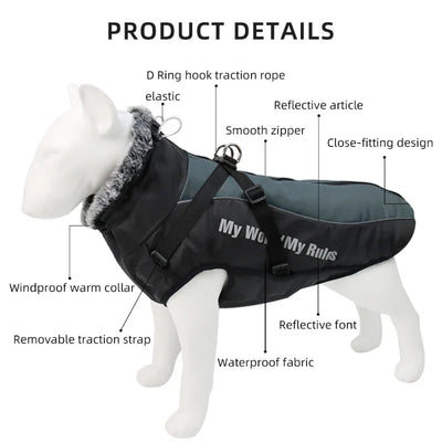 Manteau Imperméable Grand Chien Col Façon Fourrure Réfléchissant