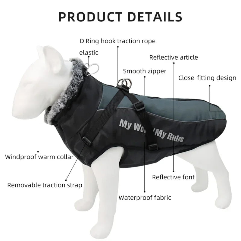 Manteau Imperméable Grand Chien Col Façon Fourrure Réfléchissant