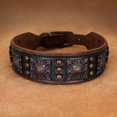 Collier Cuir Large Conchos Bronze Pitbull Bouledogue